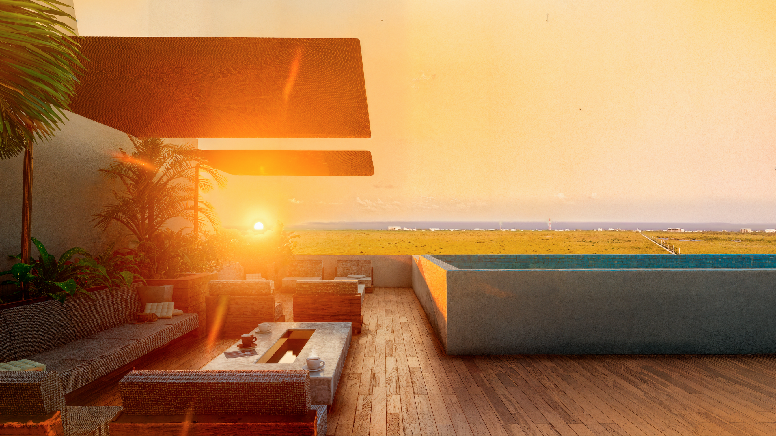 Alberca rooftop al atardecer — Central Condo Living